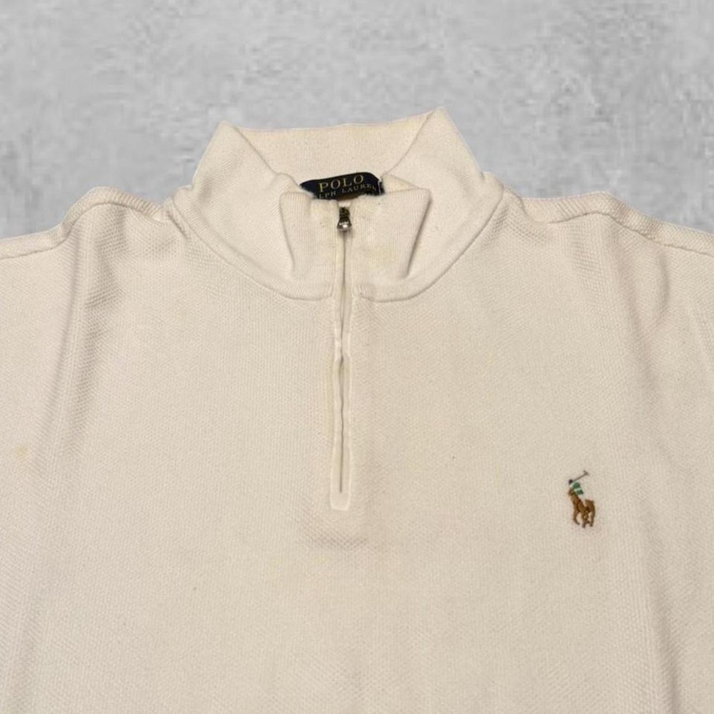 Vintage Polo Ralph Lauren Mens Quarter Zip Pullover Cream Long Sleeve Sweatshirt